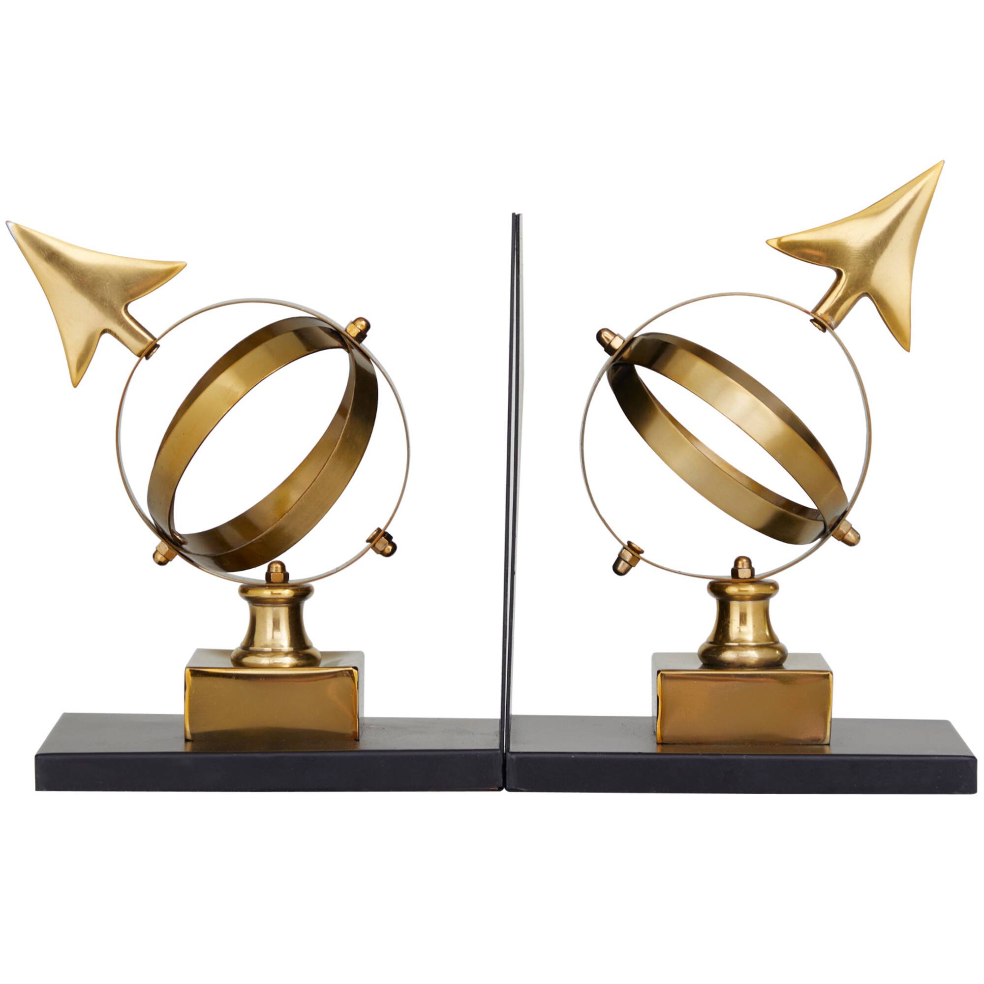 8" Gold Stainless Steel Armillary Bookends with Black Bases Set